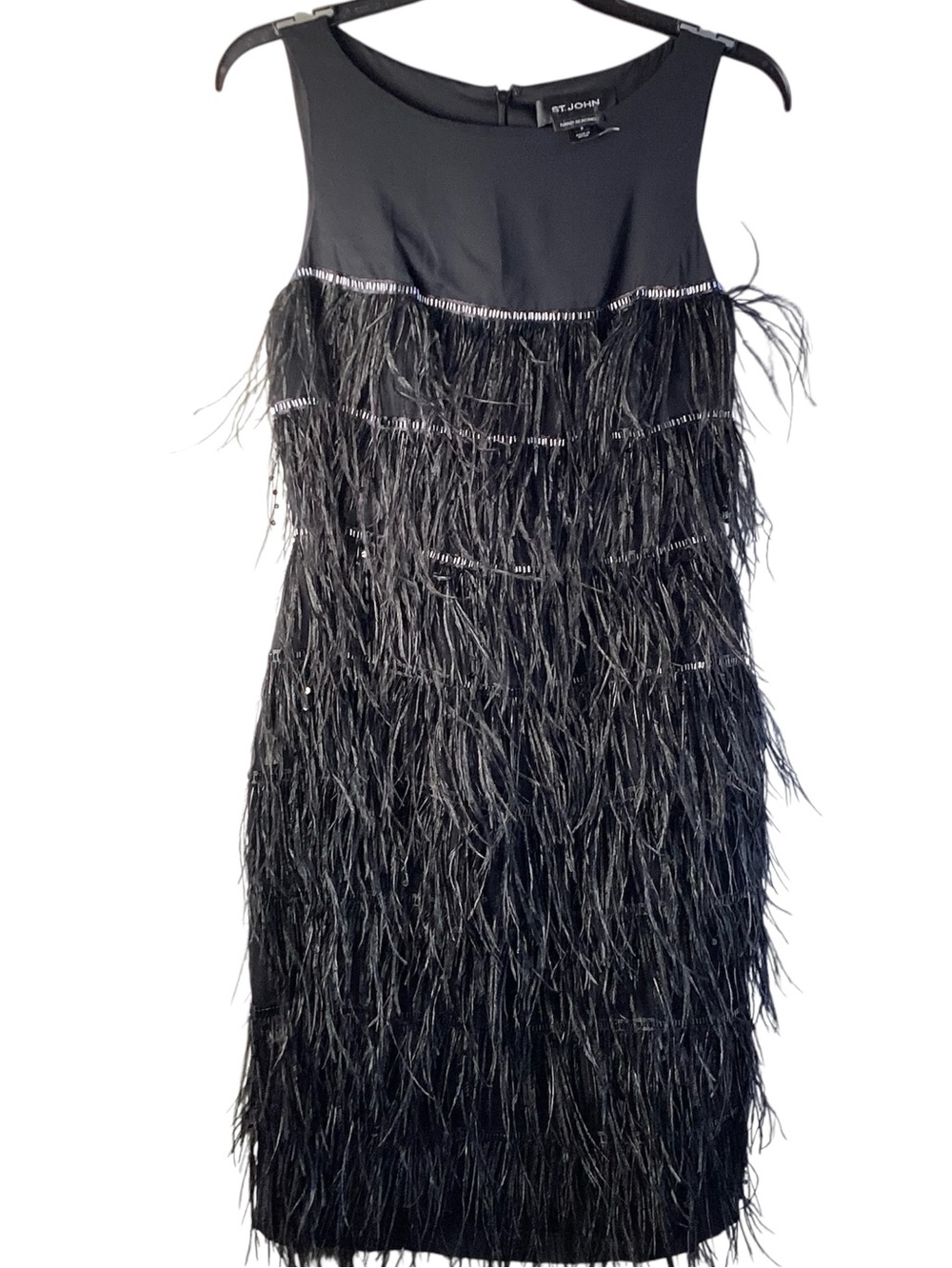 St. John silk Black Feather-Trim Sleeveless Mini Dress knee length